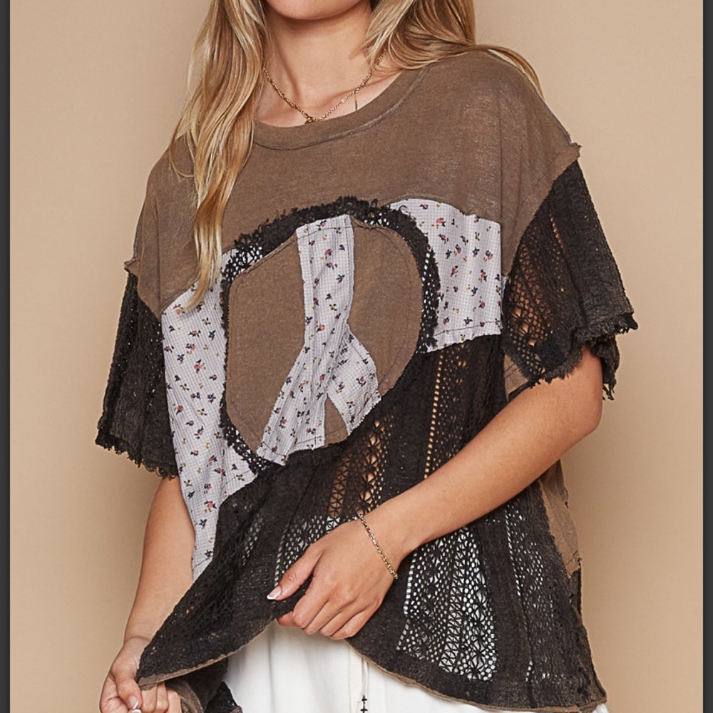 POL Peace Patchwork Floral Crochet Top, Size L